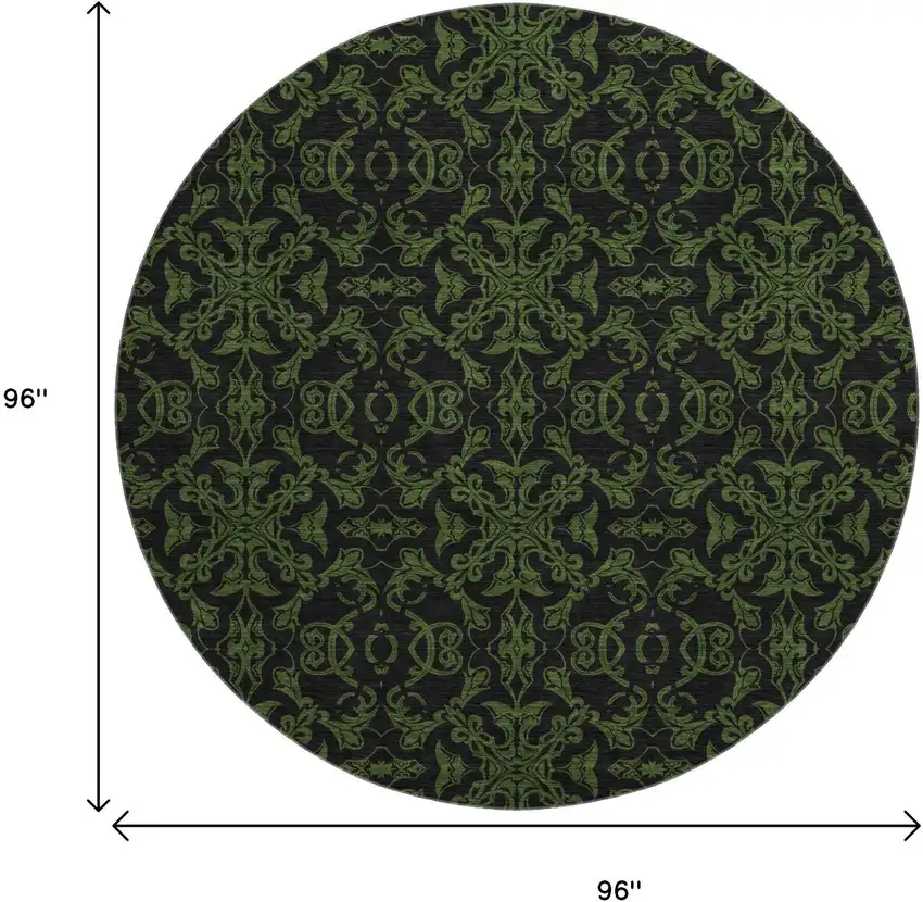 8' Olive Green And Charcoal Medallion Washable Round Rug With UV Protection Photo 3
