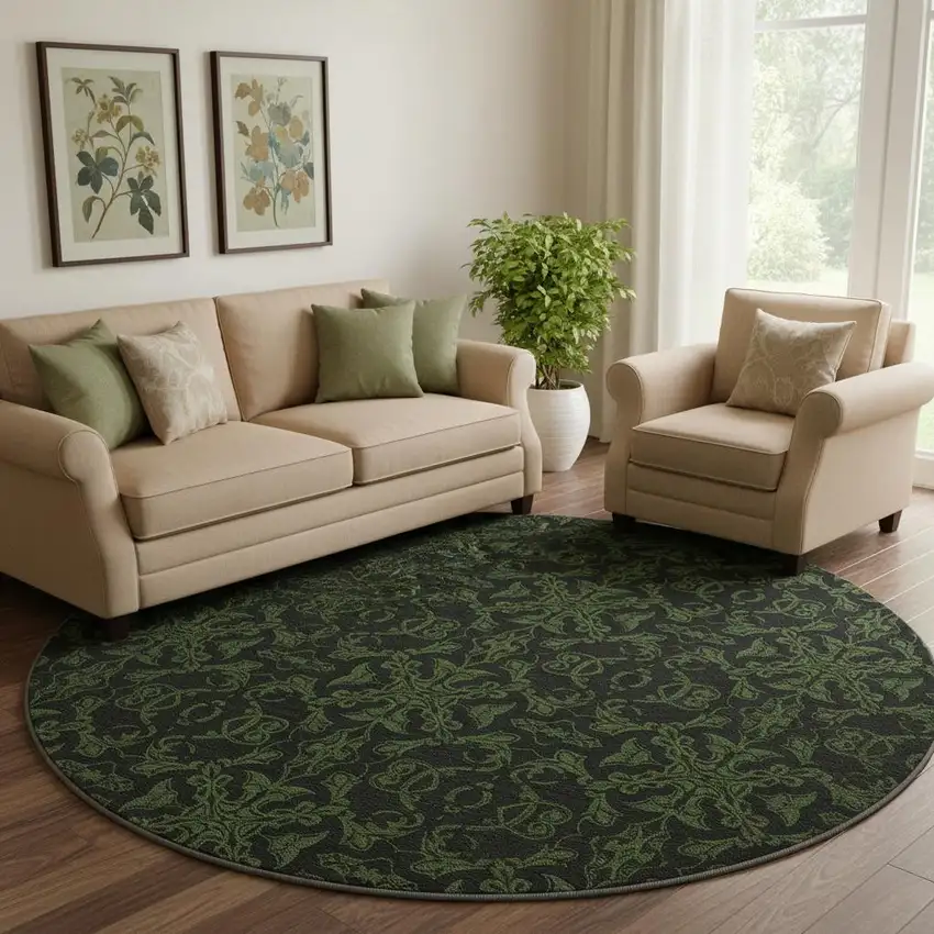 8' Olive Green And Charcoal Medallion Washable Round Rug With UV Protection Photo 1