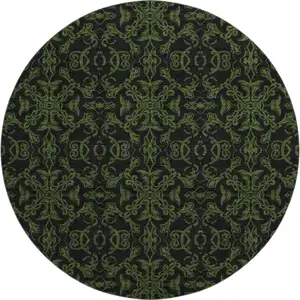 Photo of 8' Olive Green And Charcoal Medallion Washable Round Rug With UV Protection