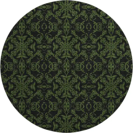 8' Olive Green And Charcoal Medallion Washable Round Rug With UV Protection Photo 1