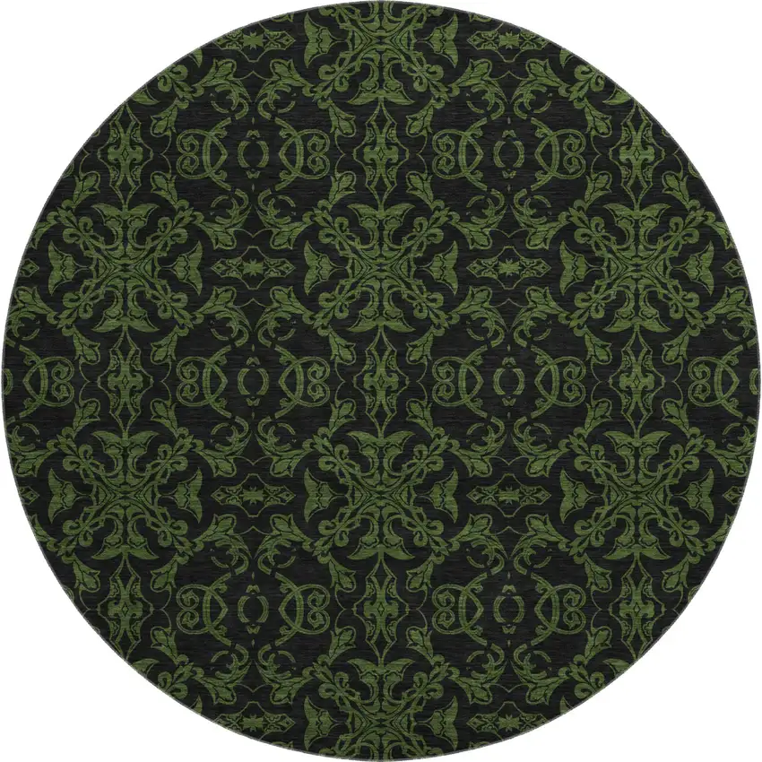 8' Olive Green And Charcoal Medallion Washable Round Rug With UV Protection Photo 1