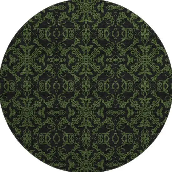 8' Olive Green And Charcoal Medallion Washable Round Rug With UV Protection Photo 4
