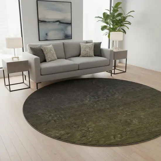 8' Olive Green And Charcoal Ombre Washable Round Rug With UV Protection Photo 2
