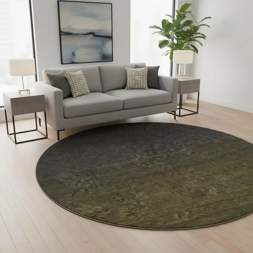 8' Olive Green And Charcoal Ombre Washable Round Rug With UV Protection Photo 2