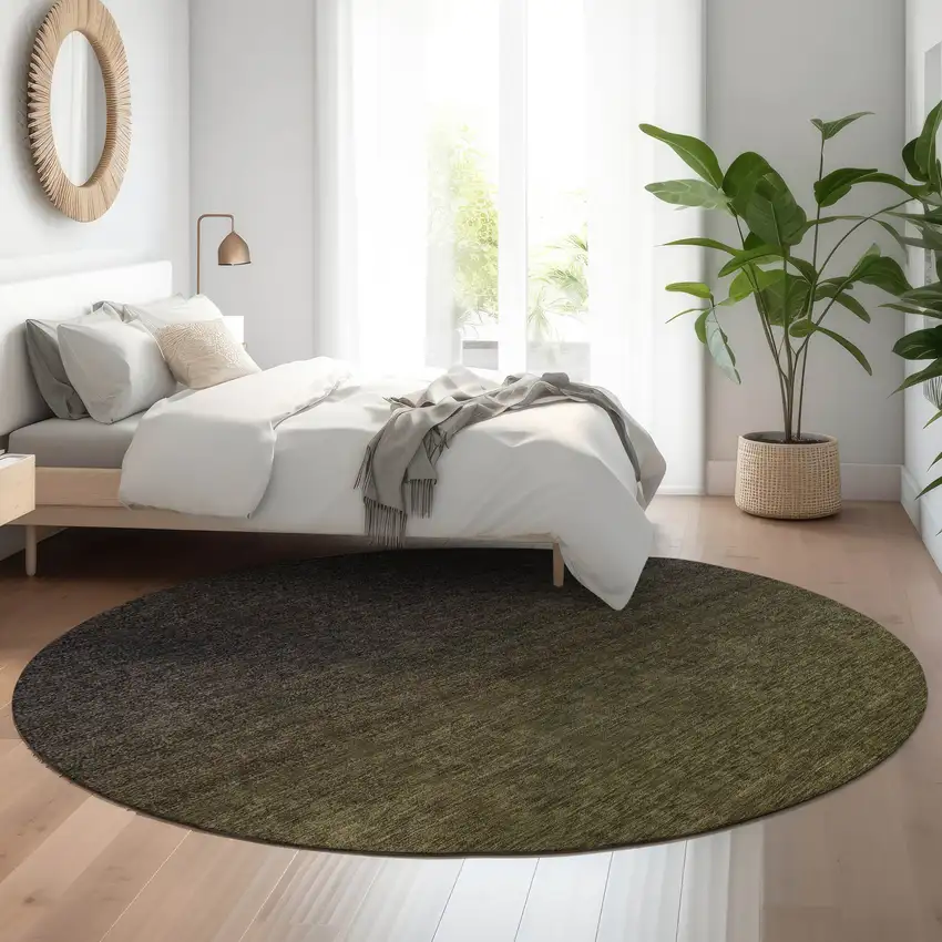 8' Olive Green And Charcoal Ombre Washable Round Rug With UV Protection Photo 5