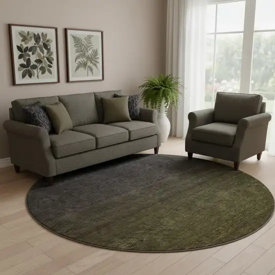 8' Olive Green And Charcoal Ombre Washable Round Rug With UV Protection Photo 1