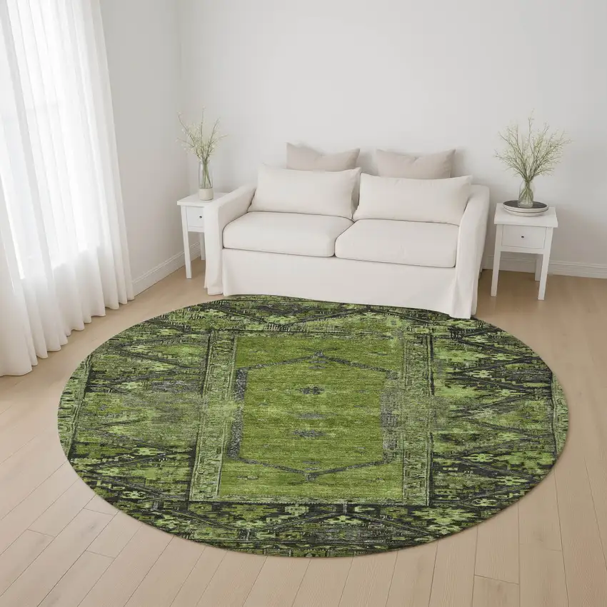 8' Olive Green And Charcoal Oriental Washable Round Rug With UV Protection Photo 4