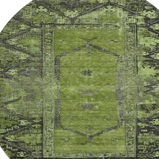 8' Olive Green And Charcoal Oriental Washable Round Rug With UV Protection Photo 2