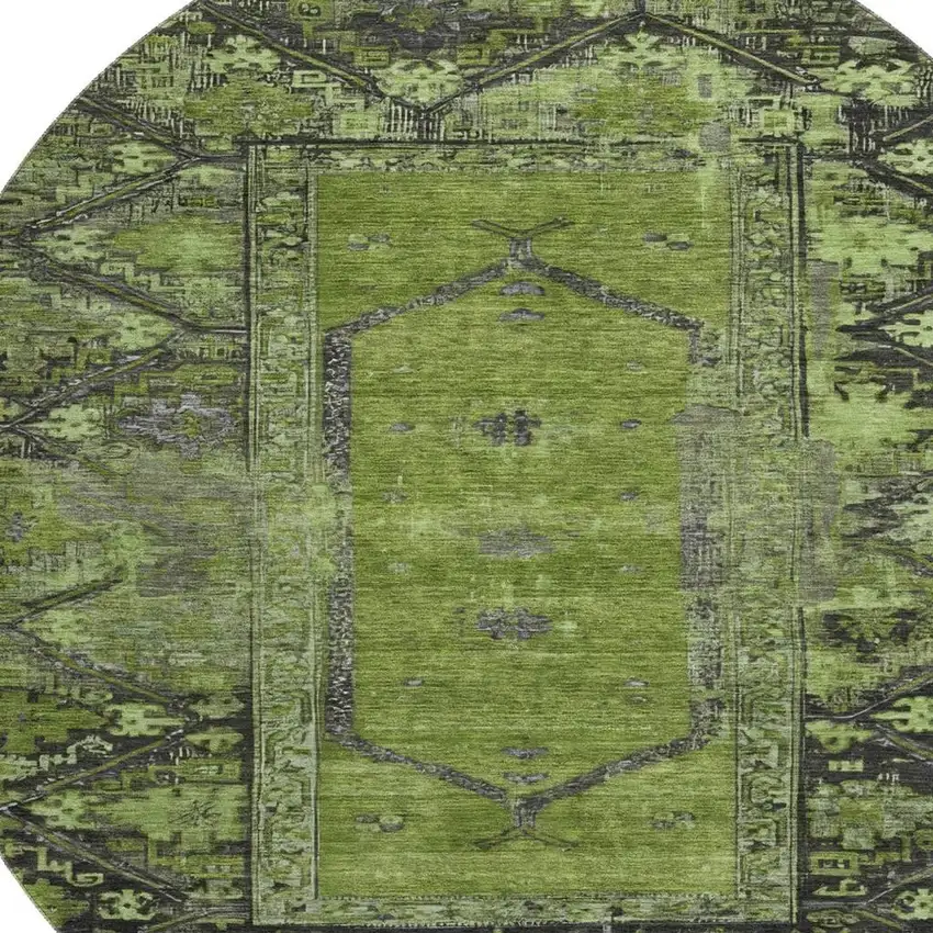 8' Olive Green And Charcoal Oriental Washable Round Rug With UV Protection Photo 2