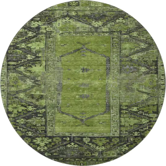 8' Olive Green And Charcoal Oriental Washable Round Rug With UV Protection Photo 3