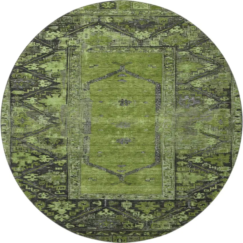 8' Olive Green And Charcoal Oriental Washable Round Rug With UV Protection Photo 3