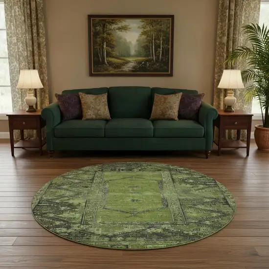 8' Olive Green And Charcoal Oriental Washable Round Rug With UV Protection Photo 2