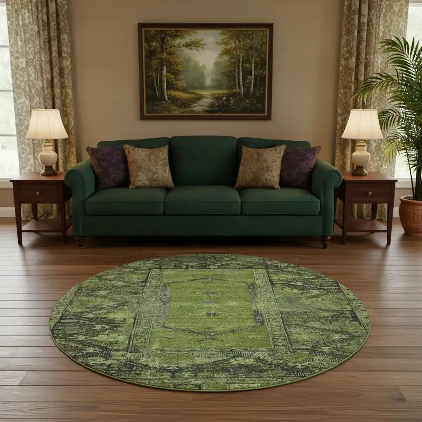 8' Olive Green And Charcoal Oriental Washable Round Rug With UV Protection Photo 2