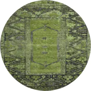 Photo of 8' Olive Green And Charcoal Oriental Washable Round Rug With UV Protection
