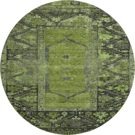8' Olive Green And Charcoal Oriental Washable Round Rug With UV Protection Photo 1