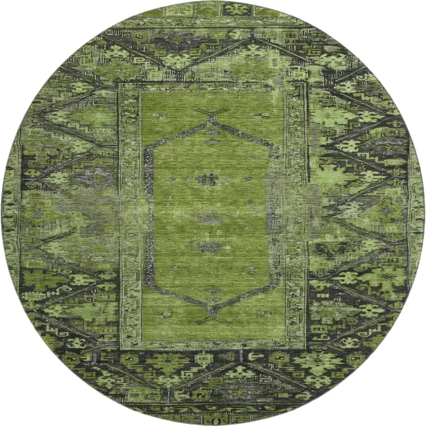 8' Olive Green And Charcoal Oriental Washable Round Rug With UV Protection Photo 1