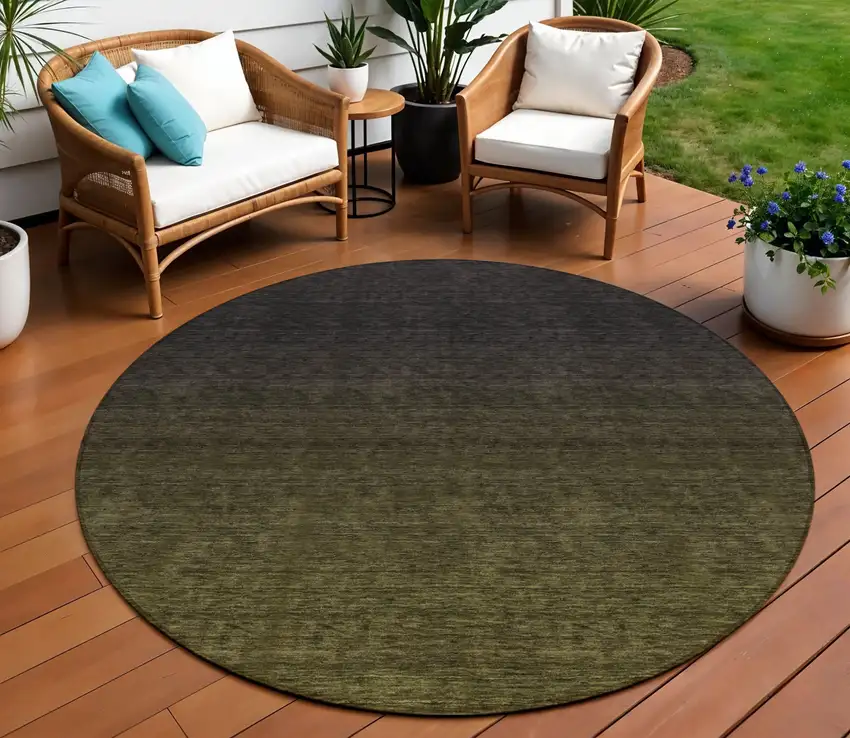 8' Olive Green And Charcoal Round Abstract Washable Indoor Outdoor Area Rug Photo 1