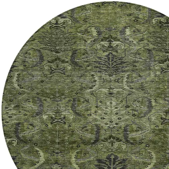 8' Olive Green And Charcoal Round Damask Washable Indoor Outdoor Area Rug Photo 5