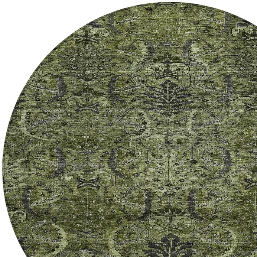 8' Olive Green And Charcoal Round Damask Washable Indoor Outdoor Area Rug Photo 5