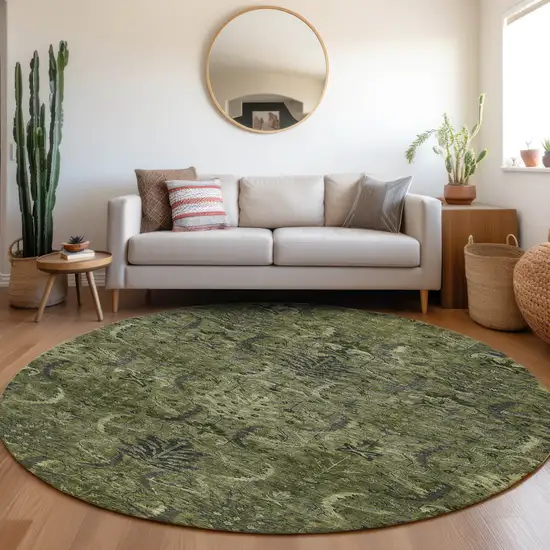 8' Olive Green And Charcoal Round Damask Washable Indoor Outdoor Area Rug Photo 8