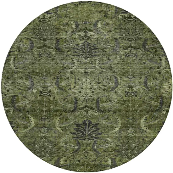 8' Olive Green And Charcoal Round Damask Washable Indoor Outdoor Area Rug Photo 2