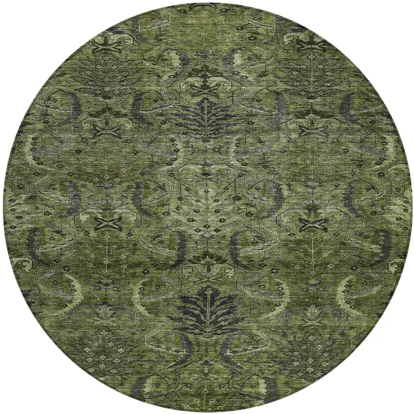 8' Olive Green And Charcoal Round Damask Washable Indoor Outdoor Area Rug Photo 2