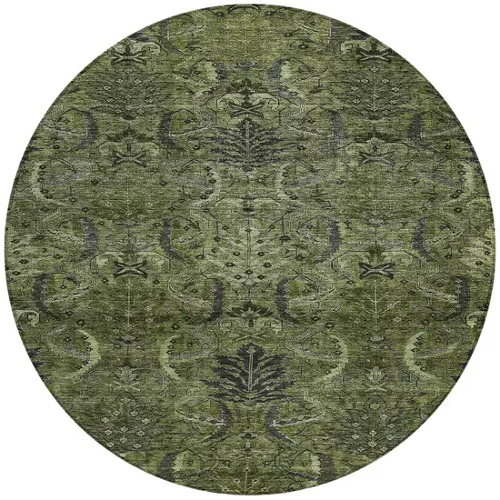8' Olive Green And Charcoal Round Damask Washable Indoor Outdoor Area Rug Photo 6