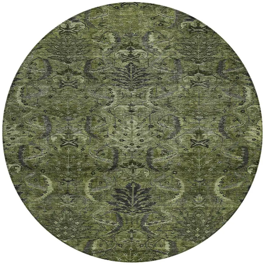 8' Olive Green And Charcoal Round Damask Washable Indoor Outdoor Area Rug Photo 6