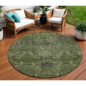 Photo of 8' Olive Green And Charcoal Round Damask Washable Indoor Outdoor Area Rug