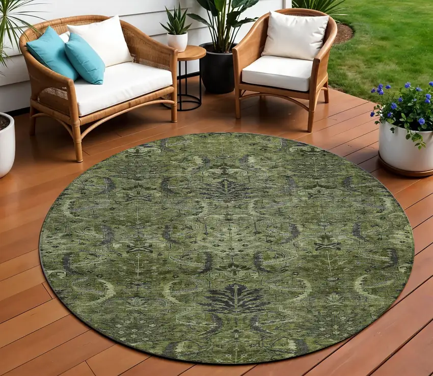 8' Olive Green And Charcoal Round Damask Washable Indoor Outdoor Area Rug Photo 1