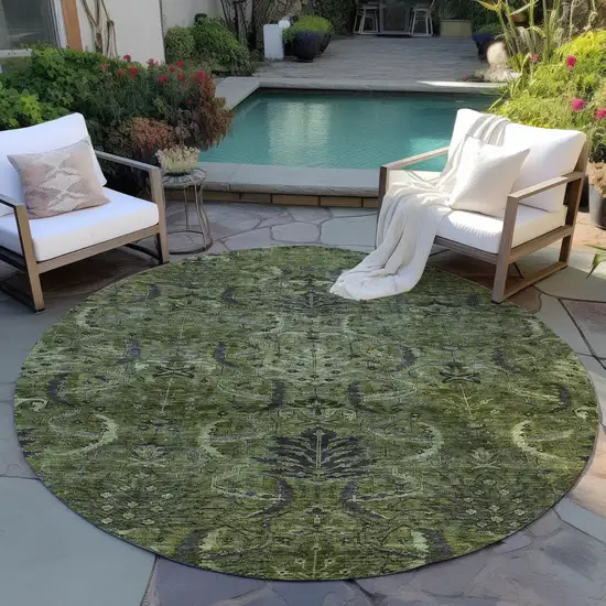 8' Olive Green And Charcoal Round Damask Washable Indoor Outdoor Area Rug Photo 7