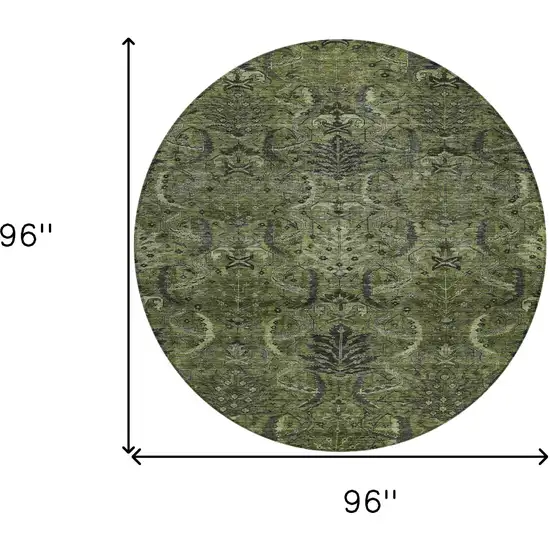 8' Olive Green And Charcoal Round Damask Washable Indoor Outdoor Area Rug Photo 9