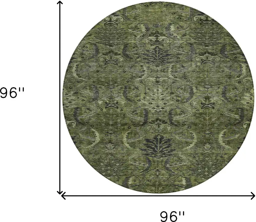 8' Olive Green And Charcoal Round Damask Washable Indoor Outdoor Area Rug Photo 9