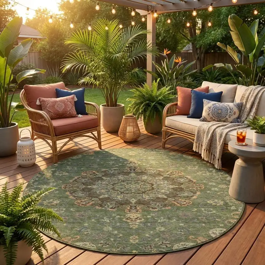 8' Olive Green And Chocolate Round Floral Medallion Washable Indoor Outdoor Area Rug Photo 1