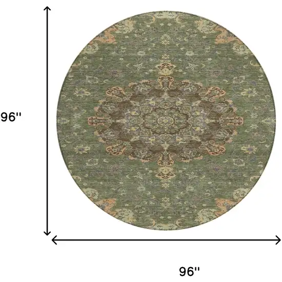 8' Olive Green And Chocolate Round Floral Medallion Washable Indoor Outdoor Area Rug Photo 7
