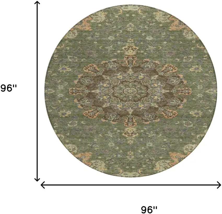 8' Olive Green And Chocolate Round Floral Medallion Washable Indoor Outdoor Area Rug Photo 7