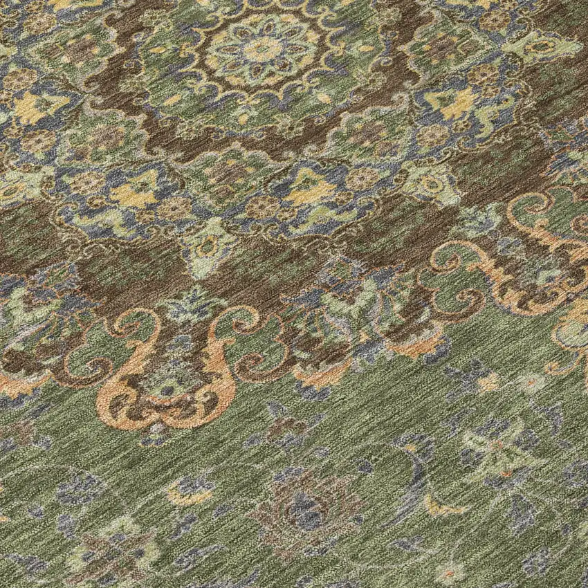 8' Olive Green And Chocolate Round Floral Medallion Washable Indoor Outdoor Area Rug Photo 6