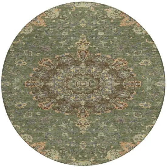 8' Olive Green And Chocolate Round Floral Medallion Washable Indoor Outdoor Area Rug Photo 2