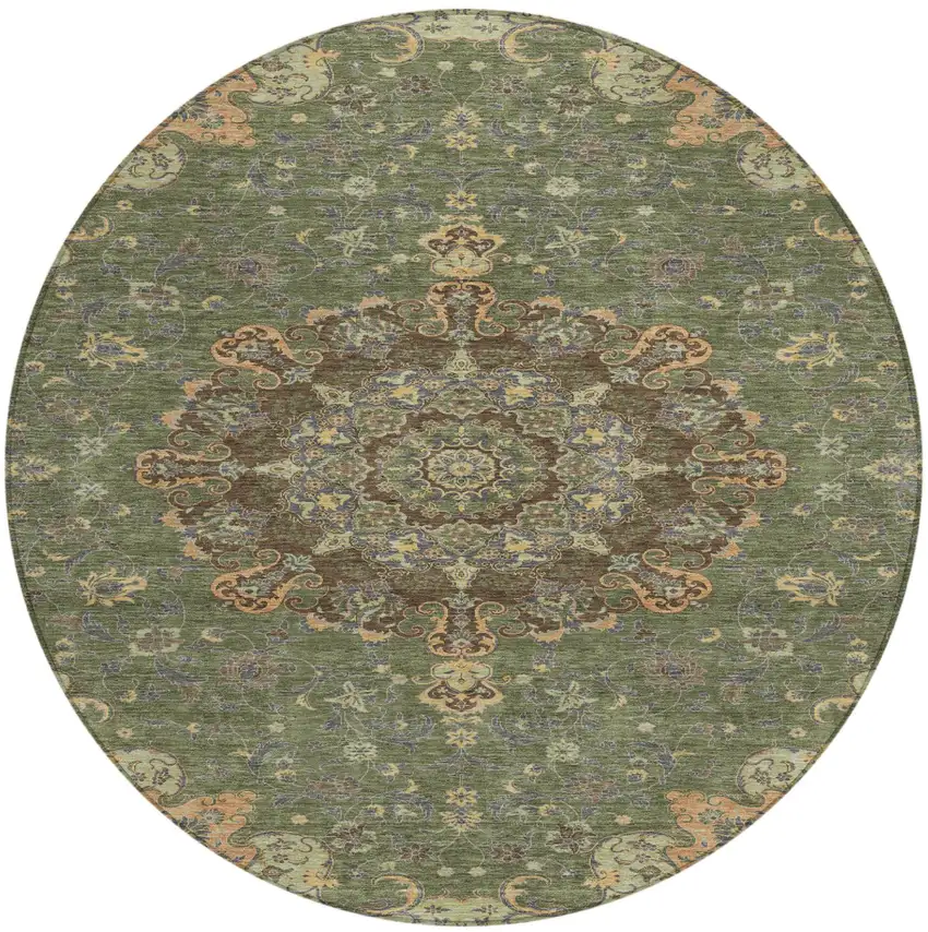 8' Olive Green And Chocolate Round Floral Medallion Washable Indoor Outdoor Area Rug Photo 2