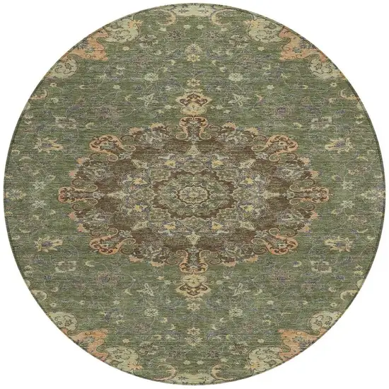 8' Olive Green And Chocolate Round Floral Medallion Washable Indoor Outdoor Area Rug Photo 3