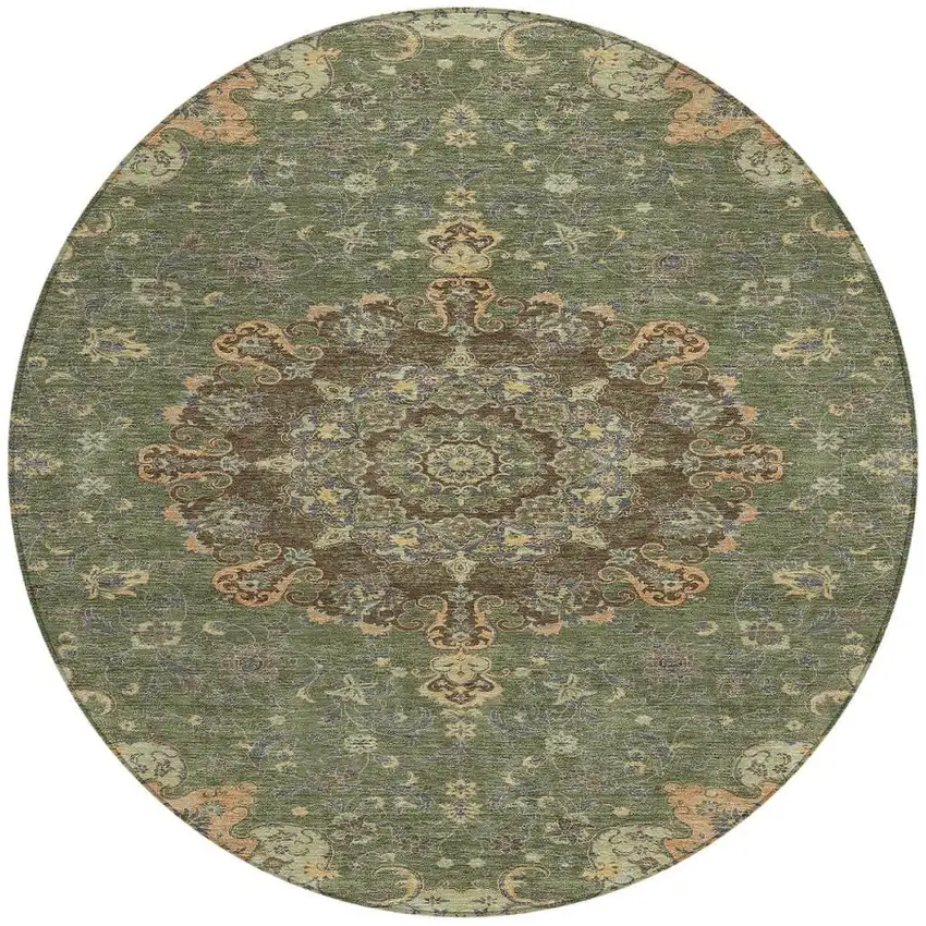 8' Olive Green And Chocolate Round Floral Medallion Washable Indoor Outdoor Area Rug Photo 3