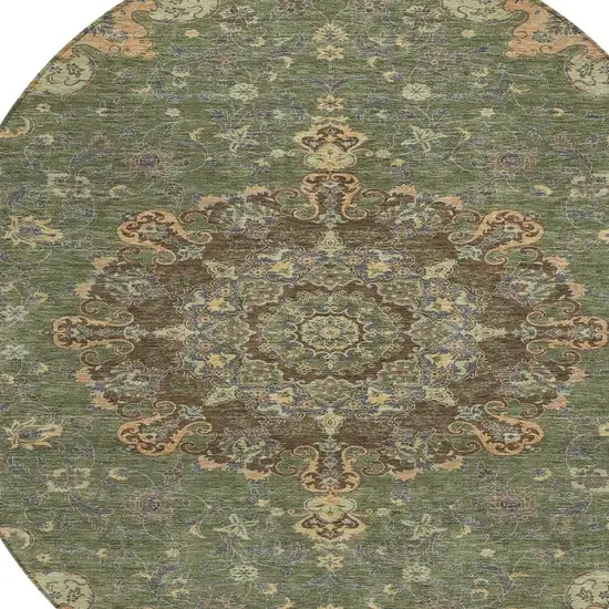 8' Olive Green And Chocolate Round Floral Medallion Washable Indoor Outdoor Area Rug Photo 4
