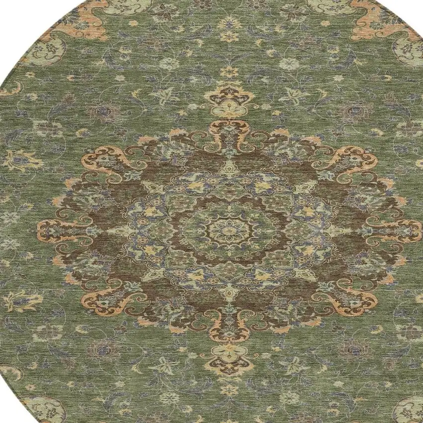 8' Olive Green And Chocolate Round Floral Medallion Washable Indoor Outdoor Area Rug Photo 4