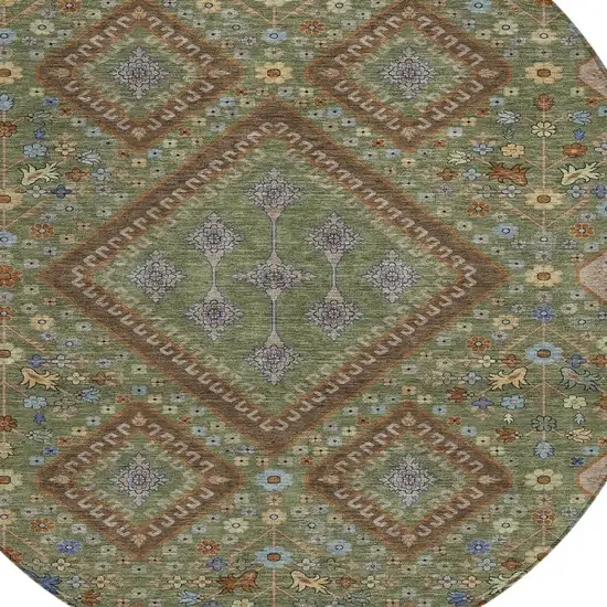 8' Olive Green And Chocolate Round Medallion Washable Indoor Outdoor Area Rug Photo 2