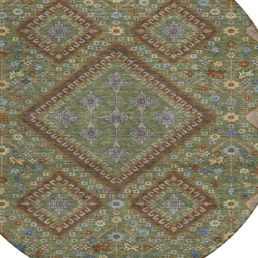 8' Olive Green And Chocolate Round Medallion Washable Indoor Outdoor Area Rug Photo 2