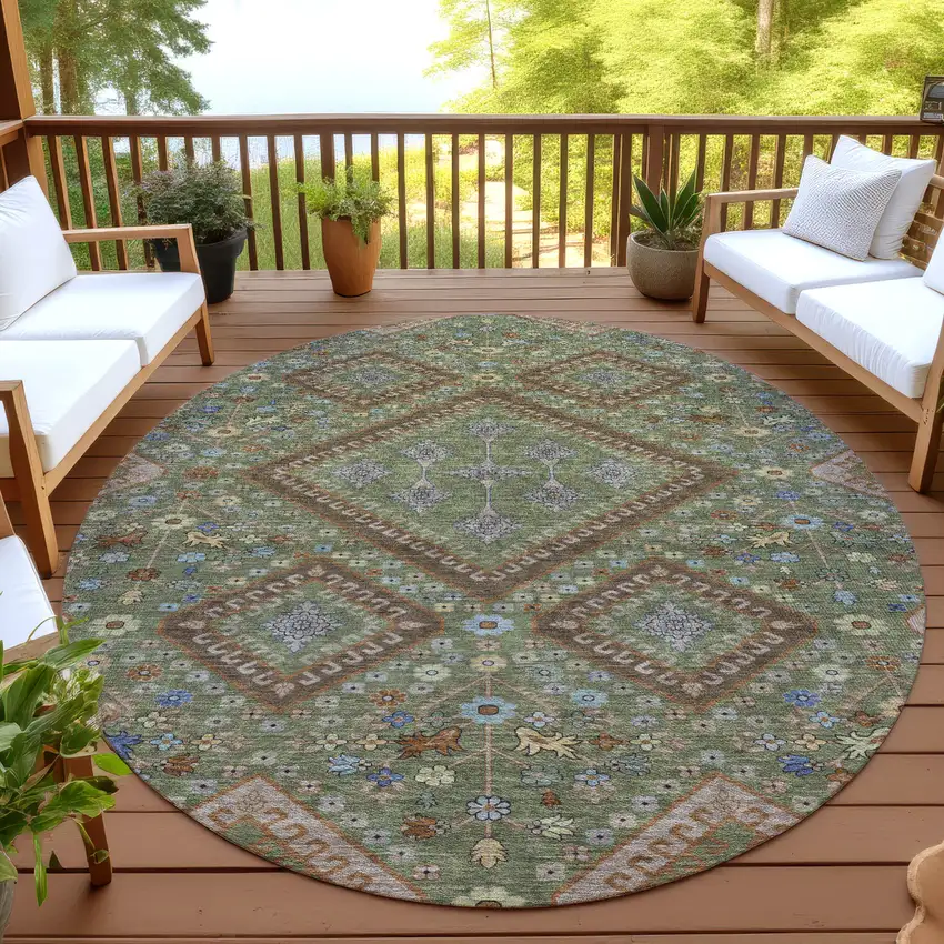 8' Olive Green And Chocolate Round Medallion Washable Indoor Outdoor Area Rug Photo 4