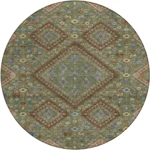 Photo of 8' Olive Green And Chocolate Round Medallion Washable Indoor Outdoor Area Rug