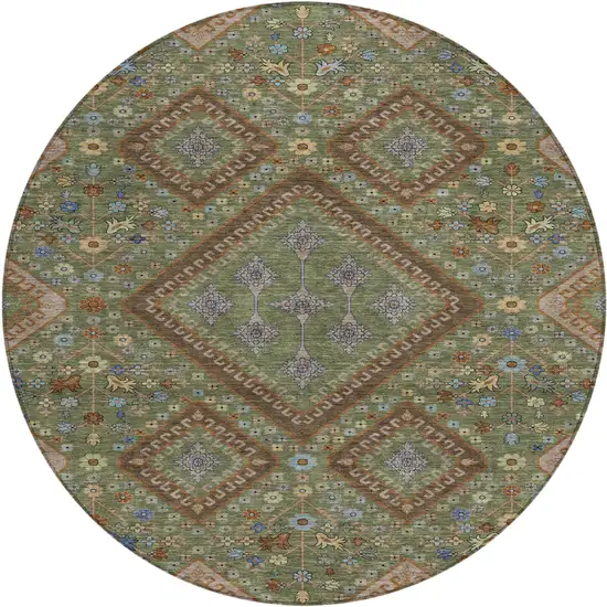 8' Olive Green And Chocolate Round Medallion Washable Indoor Outdoor Area Rug Photo 1