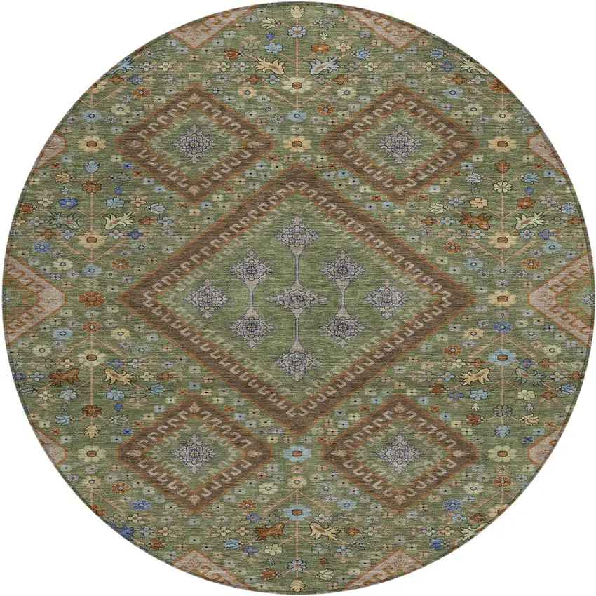 8' Olive Green And Chocolate Round Medallion Washable Indoor Outdoor Area Rug Photo 1