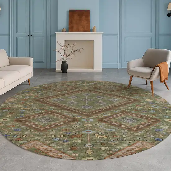 8' Olive Green And Chocolate Round Medallion Washable Indoor Outdoor Area Rug Photo 5